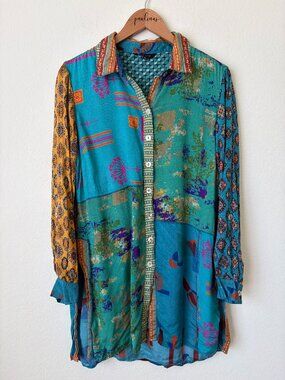 John Mark Top Womens Medium Boho Blue Colorfu Patchwork Button Front Tunic M